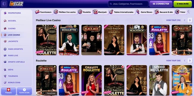 spinbara casino avis sur les live casino et jeux de table